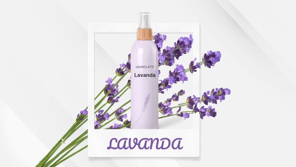Composición con frasco de spray de hidrolato de Lavanda, junto a la palabra 'Lavanda' y la planta. Fotografía que resalta el carácter relajante, aromático y natural del hidrolato de lavanda.