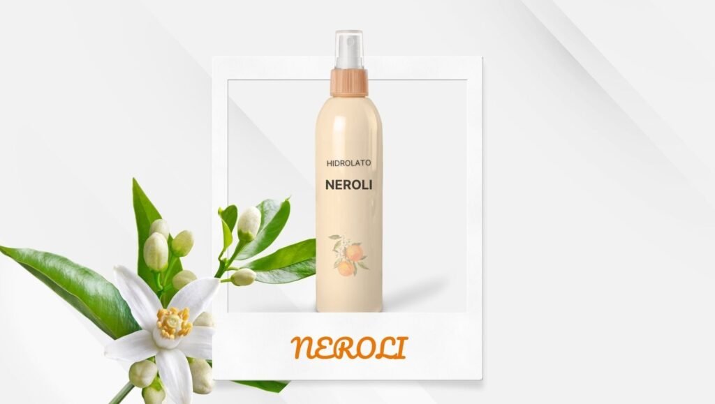 Frasco de spray con hidrolato de Neroli natural, acompañado de la palabra 'Neroli' y la ilustración de la planta de azahar. Imagen ideal para transmitir frescura, pureza y beneficios calmantes del hidrolato.