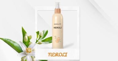 Frasco de spray con hidrolato de Neroli natural, acompañado de la palabra 'Neroli' y la ilustración de la planta de azahar. Imagen ideal para transmitir frescura, pureza y beneficios calmantes del hidrolato.