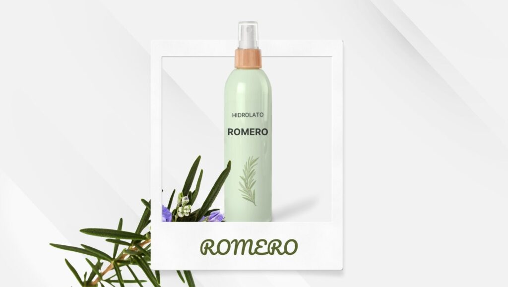Imagen de un frasco de spray de hidrolato de Romero, con la palabra 'Romero' y la ilustración de la planta. Representa un hidrolato tonificante, purificante y revitalizante.